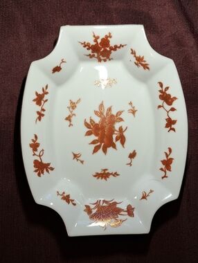 White Ceramic Serving Dish with Metallic Rust Floral Accents